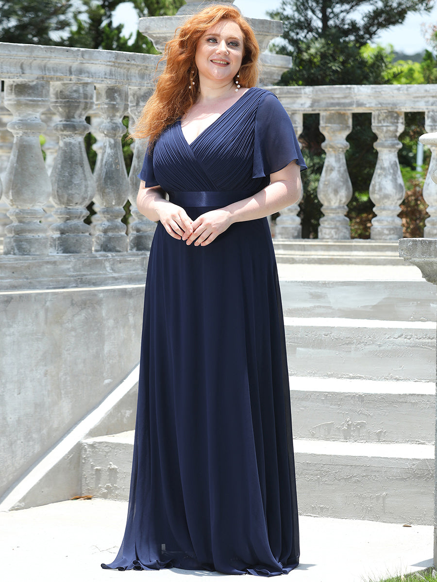 Ruffled Empire Waist Plus Size Evening Gown with V-Neck and Flutter Sleeves