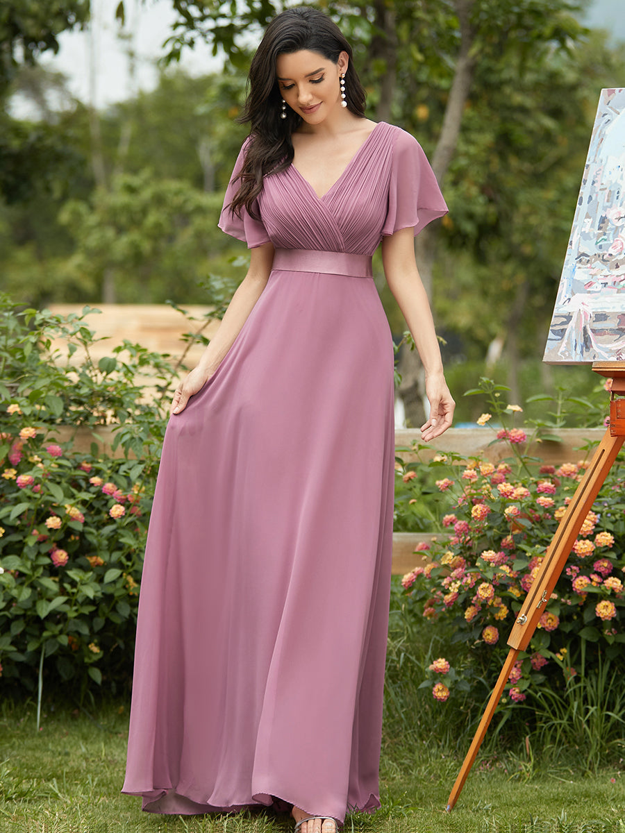 Elegant Chiffon Evening Dress with Double V-Neck and Ruffles