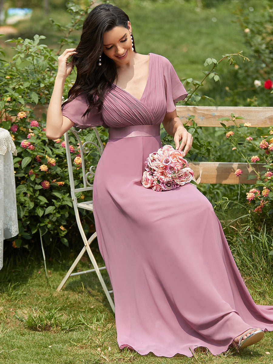 Elegant Chiffon Evening Dress with Double V-Neck and Ruffles