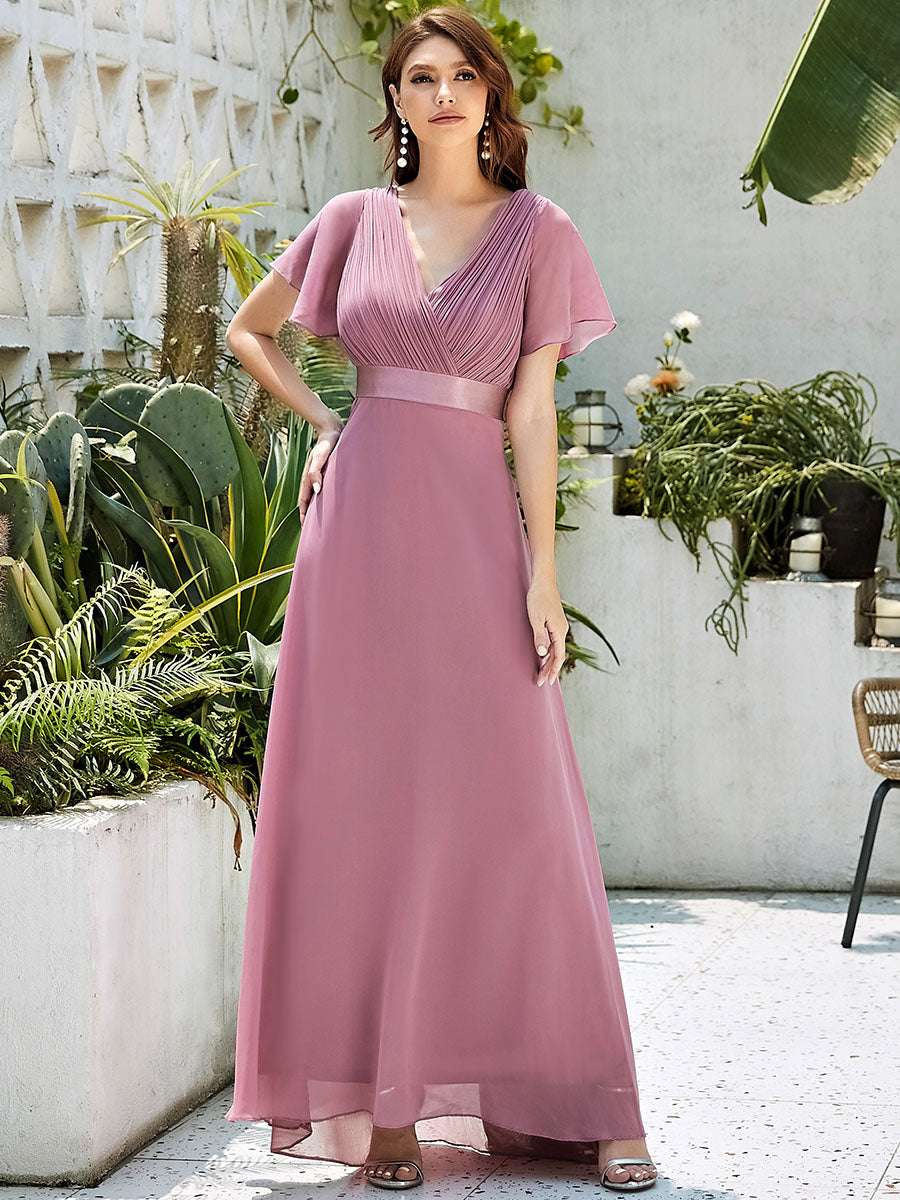 Elegant Chiffon Evening Dress with Double V-Neck and Ruffles