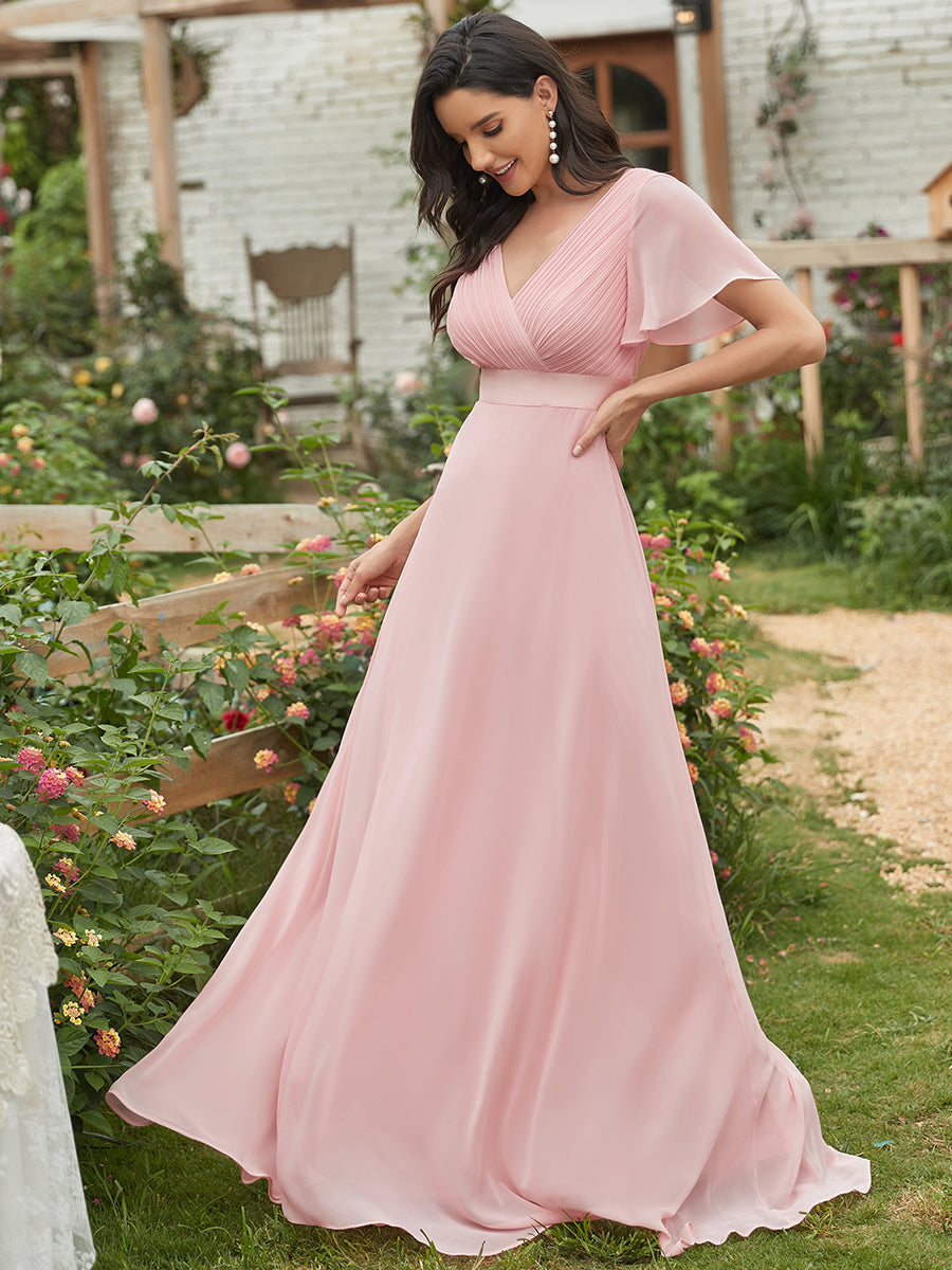 Elegant Chiffon Evening Dress with Double V-Neck and Ruffles