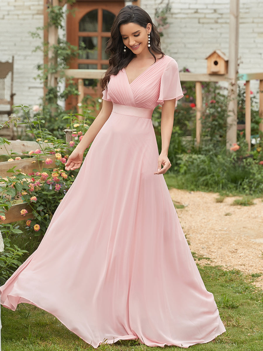 Elegant Chiffon Evening Dress with Double V-Neck and Ruffles