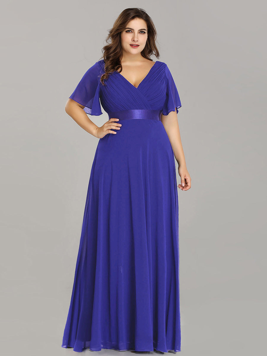 Ruffled Empire Waist Plus Size Evening Gown with V-Neck and Flutter Sleeves