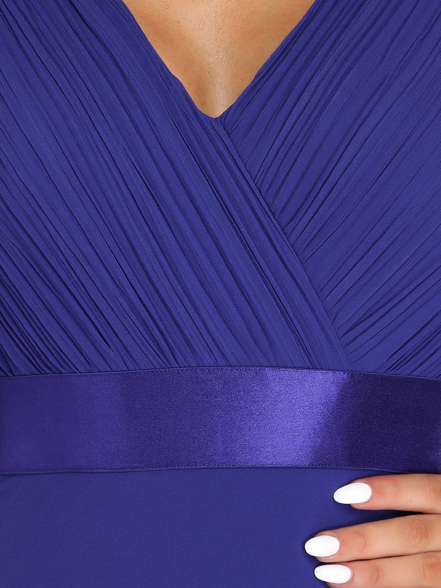 Ruffled Empire Waist Plus Size Evening Gown with V-Neck and Flutter Sleeves