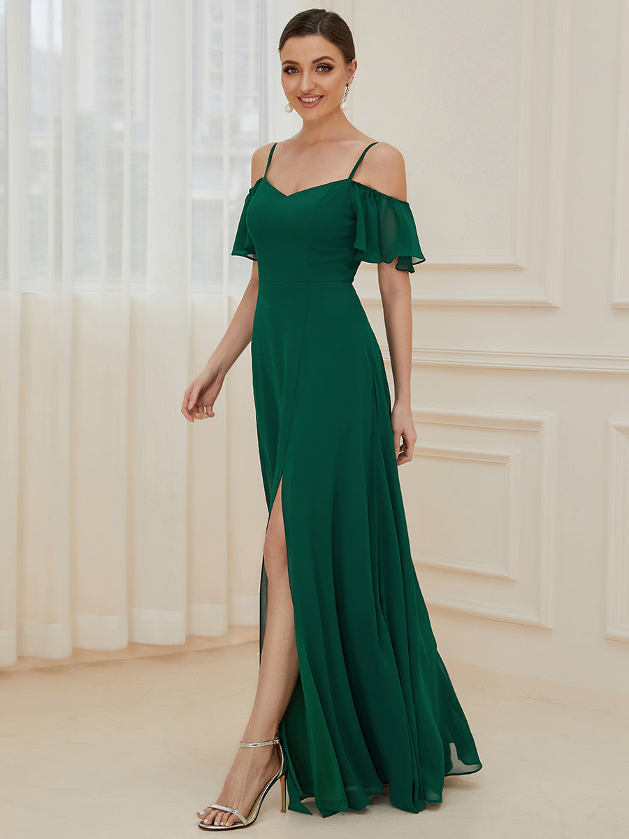 Flattering A-Line Deep V Neck Bridesmaid Gown with Stylish Flare Sleeves
