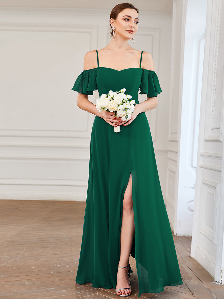 Flattering A-Line Deep V Neck Bridesmaid Gown with Stylish Flare Sleeves