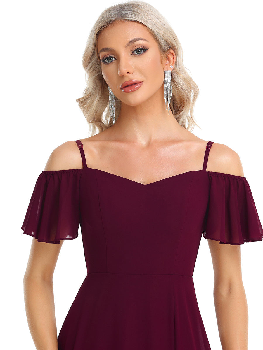 Flattering A-Line Deep V Neck Bridesmaid Gown with Stylish Flare Sleeves