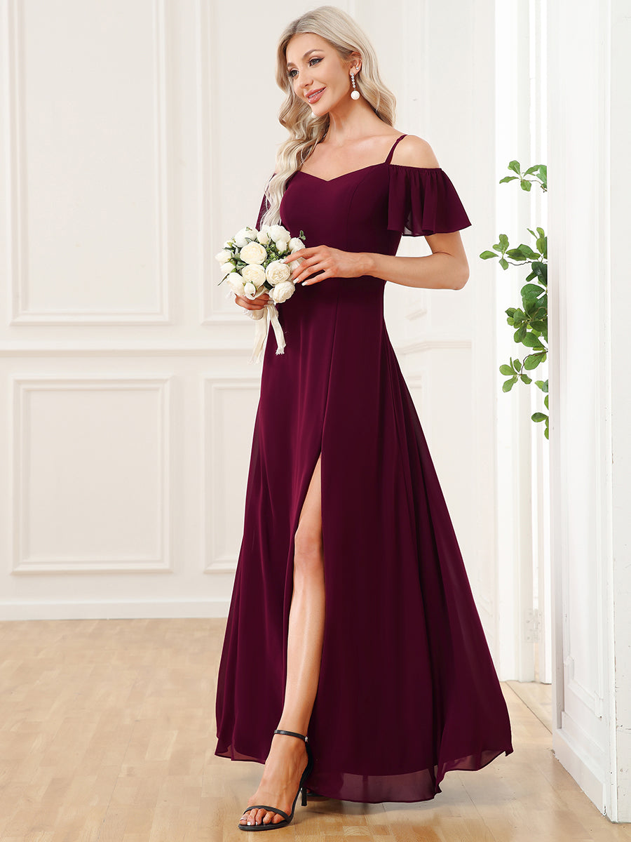 Flattering A-Line Deep V Neck Bridesmaid Gown with Stylish Flare Sleeves