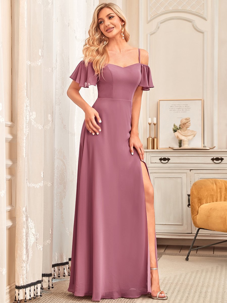 Flattering A-Line Deep V Neck Bridesmaid Gown with Stylish Flare Sleeves