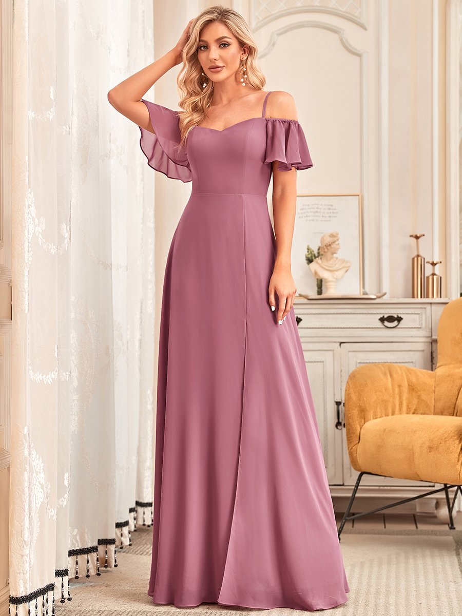 Flattering A-Line Deep V Neck Bridesmaid Gown with Stylish Flare Sleeves