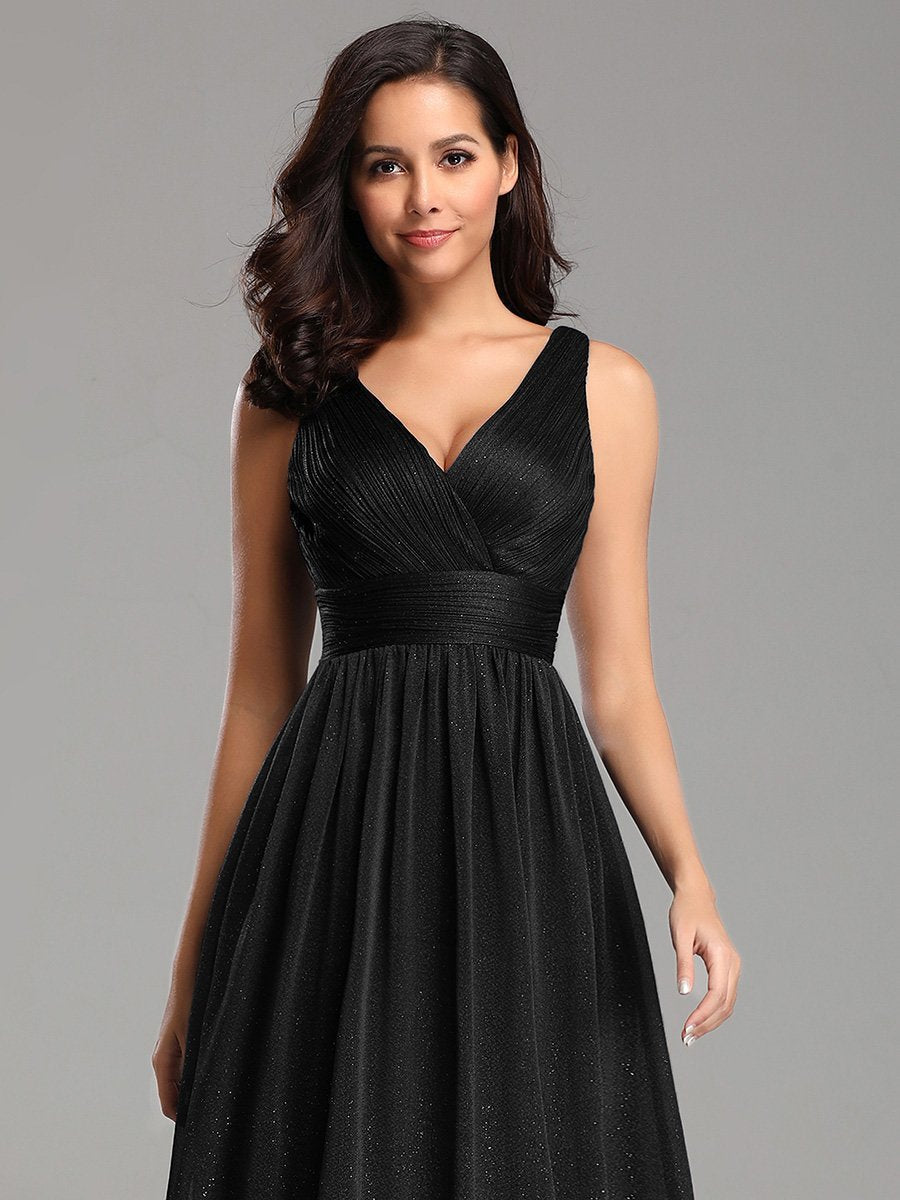 Sparkling Floor Length Evening Gown with Double V-Neck for Special Occasions