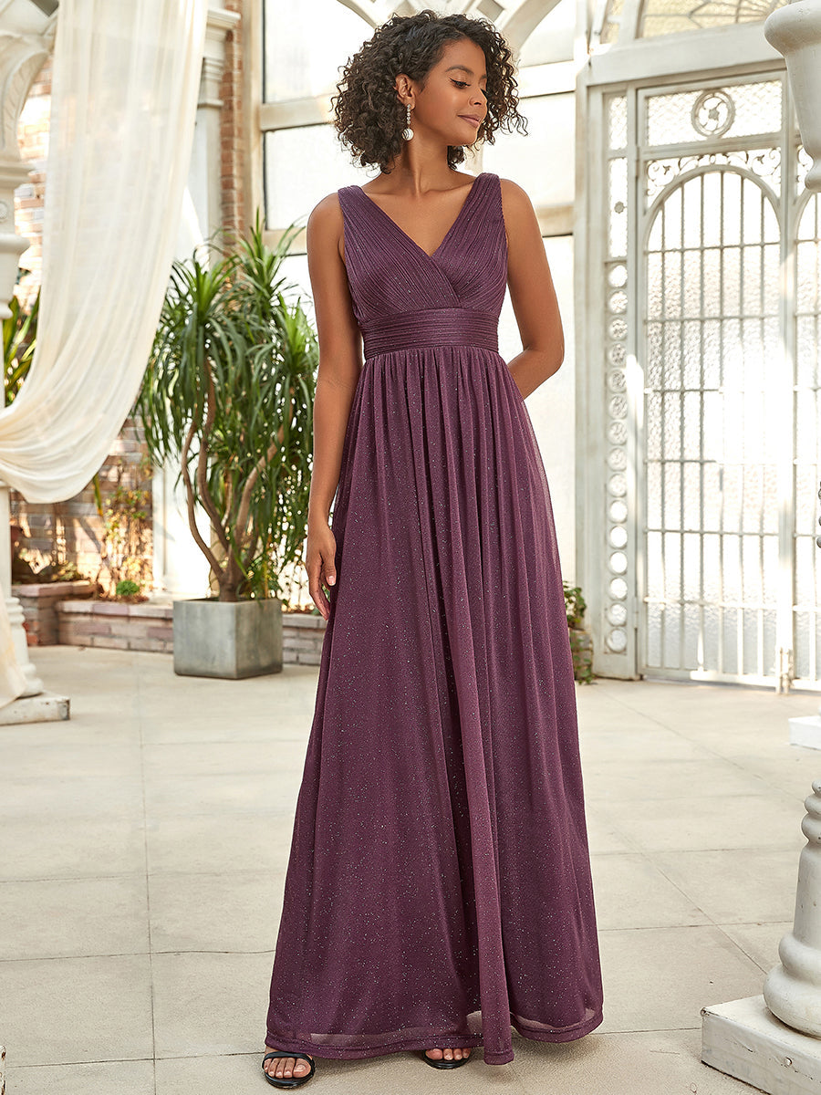 Sparkling Floor Length Evening Gown with Double V-Neck for Special Occasions