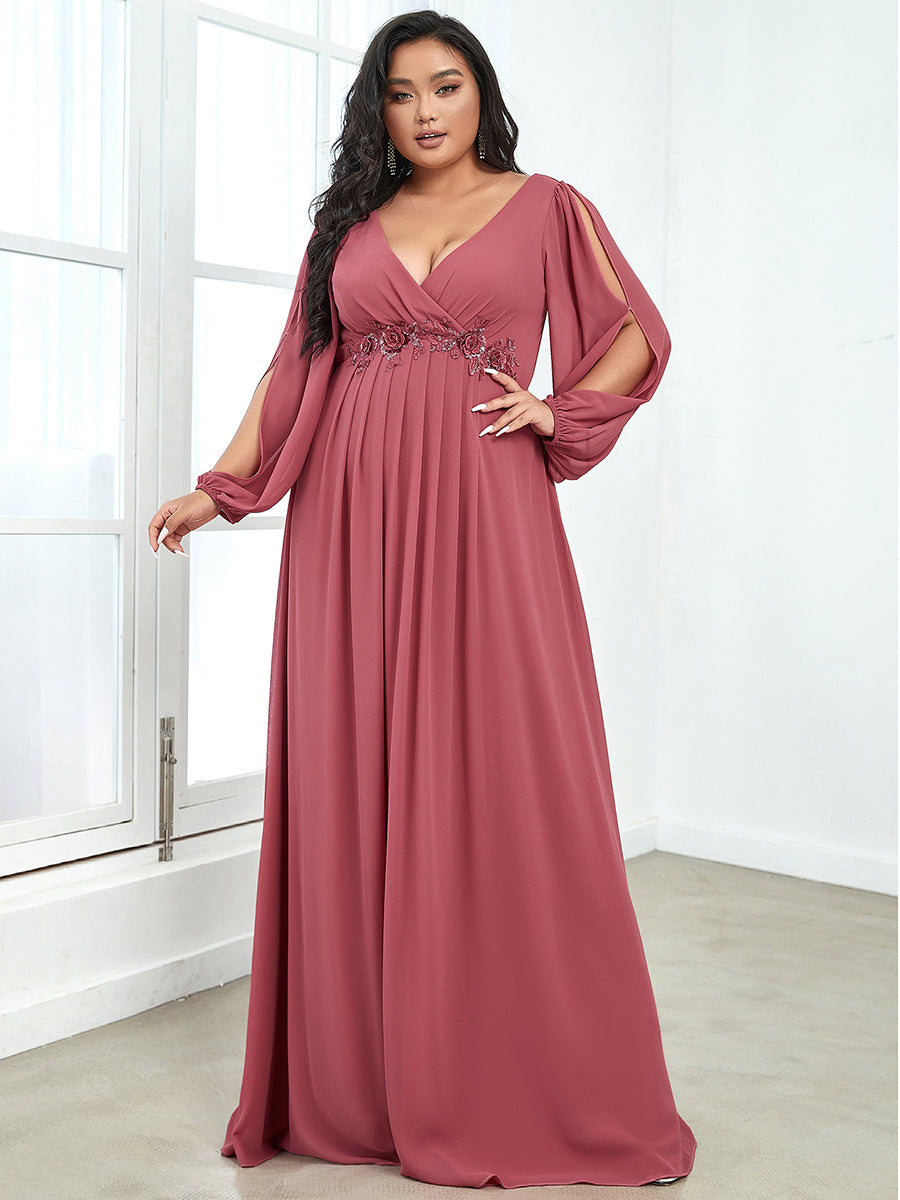 Elegant Chiffon Evening Gown for Plus Size Women with Lantern Sleeves