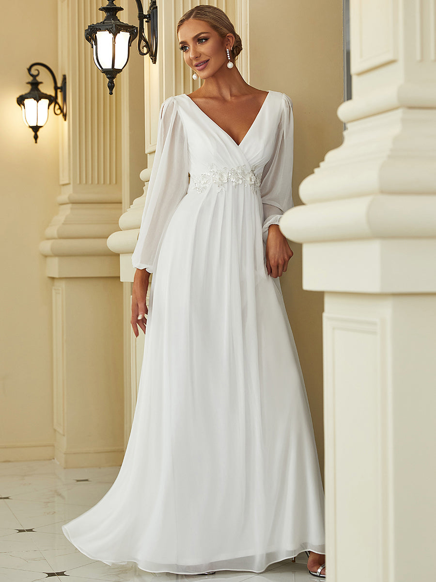 Elegant V-Neck Formal Dress with Long Lantern Sleeves