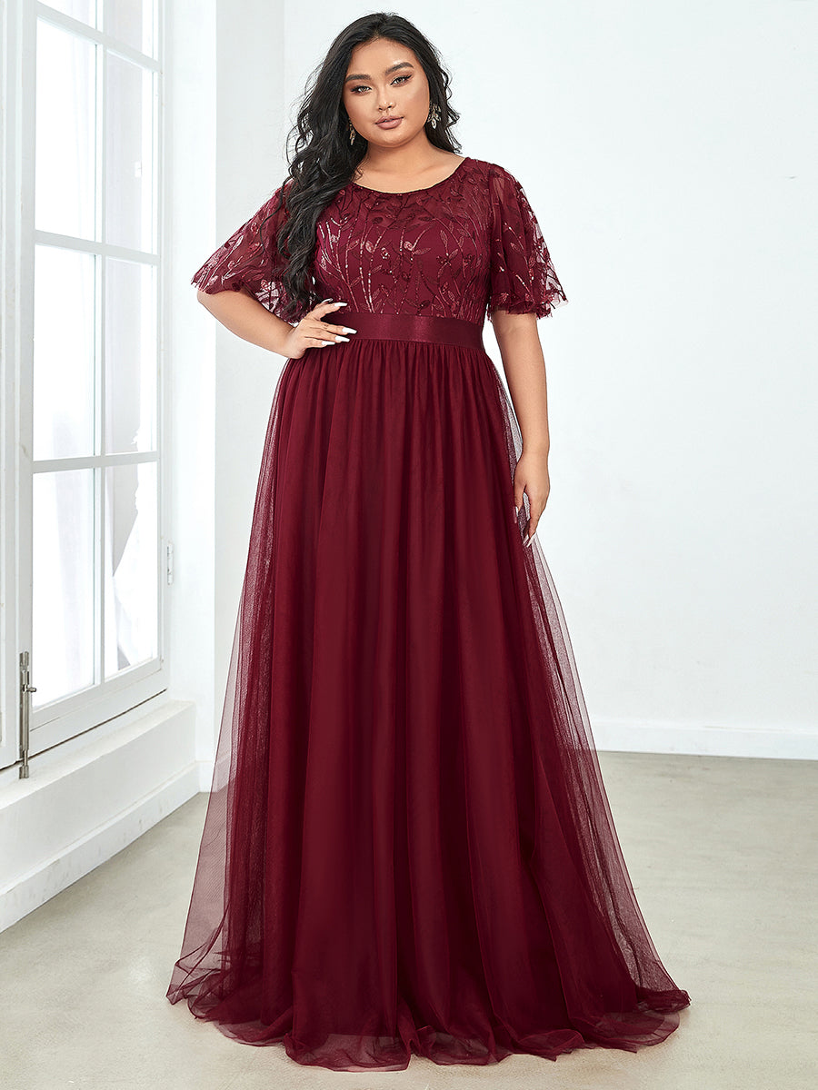 Shimmering Evening Gown with Ruffle Sleeves and Belt Detail