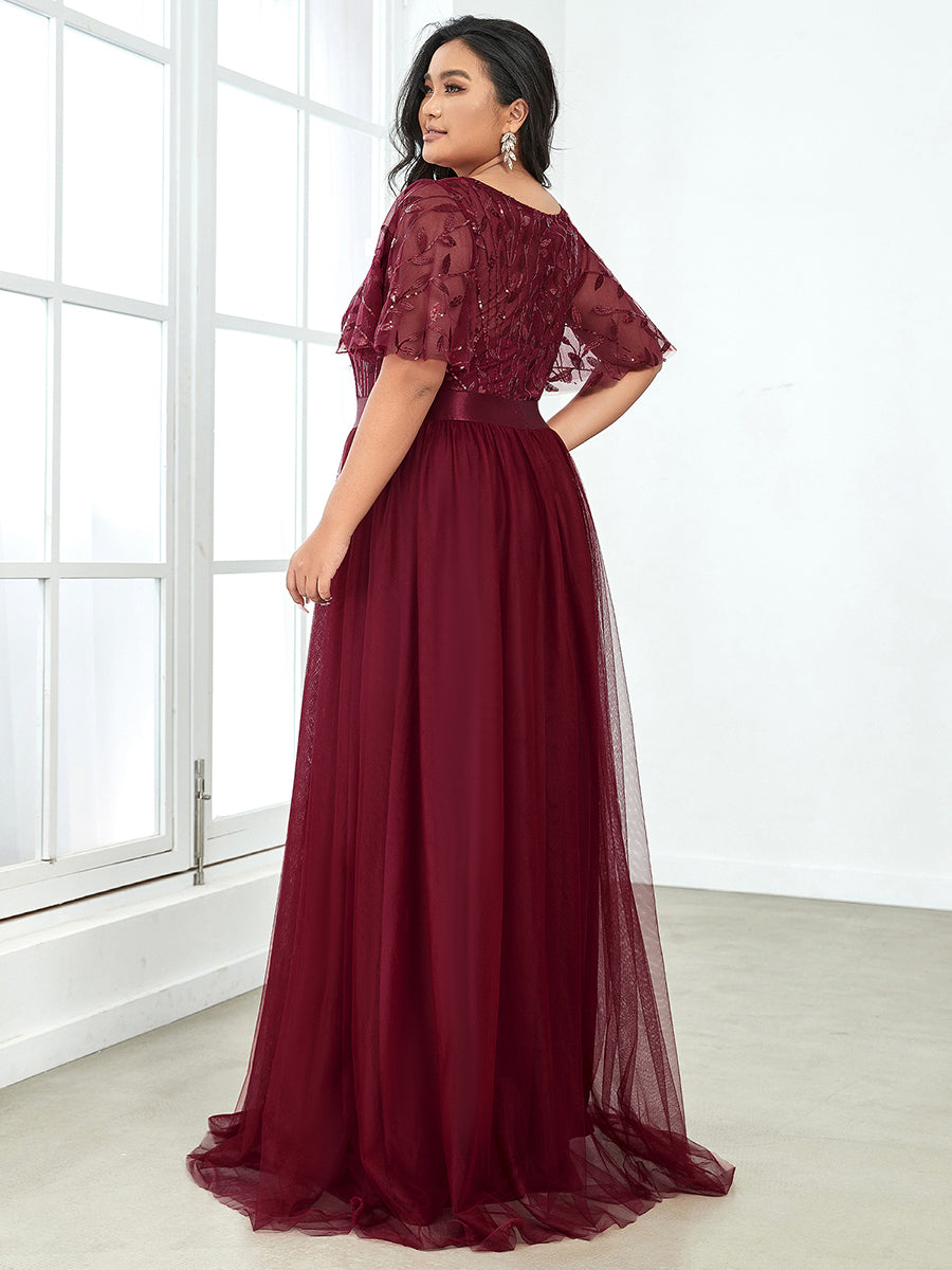 Shimmering Evening Gown with Ruffle Sleeves and Belt Detail