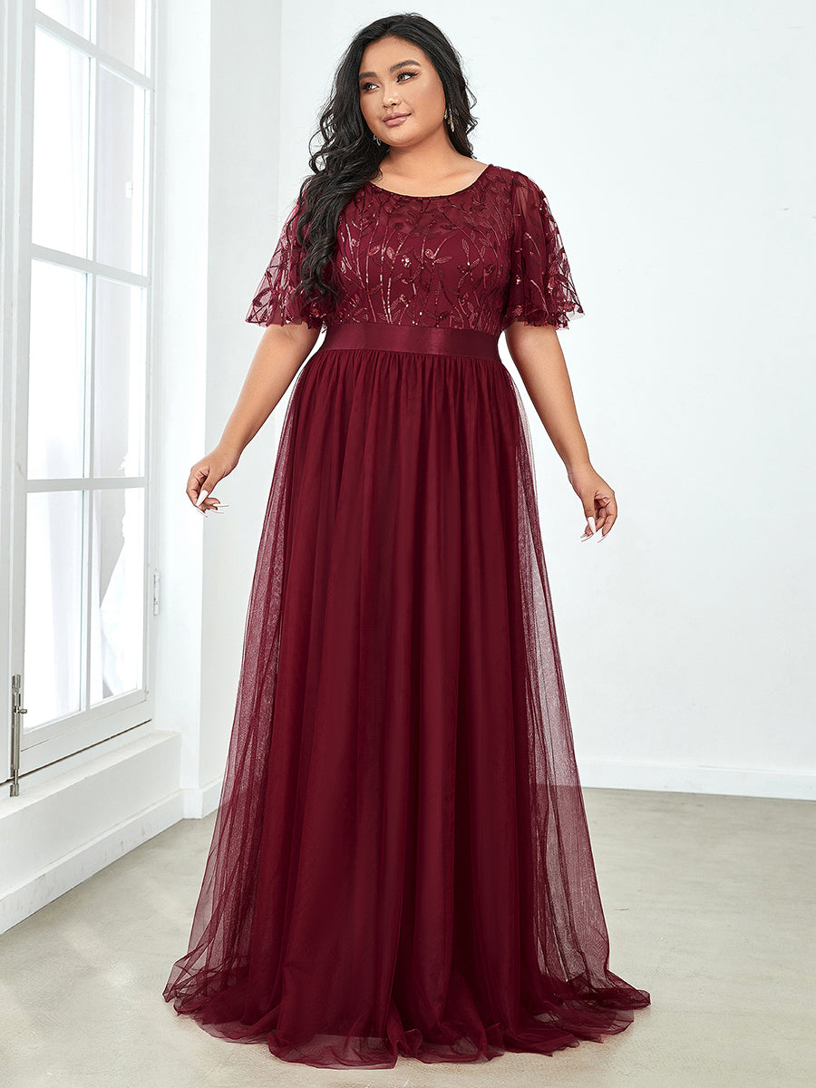Shimmering Evening Gown with Ruffle Sleeves and Belt Detail