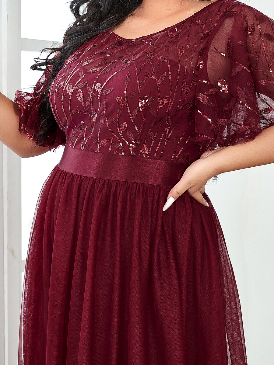 Shimmering Evening Gown with Ruffle Sleeves and Belt Detail
