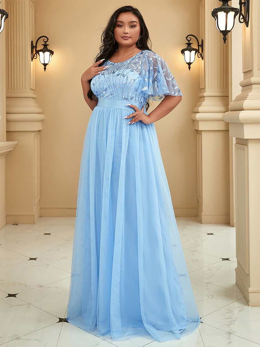 Shimmering Evening Gown with Ruffle Sleeves and Belt Detail