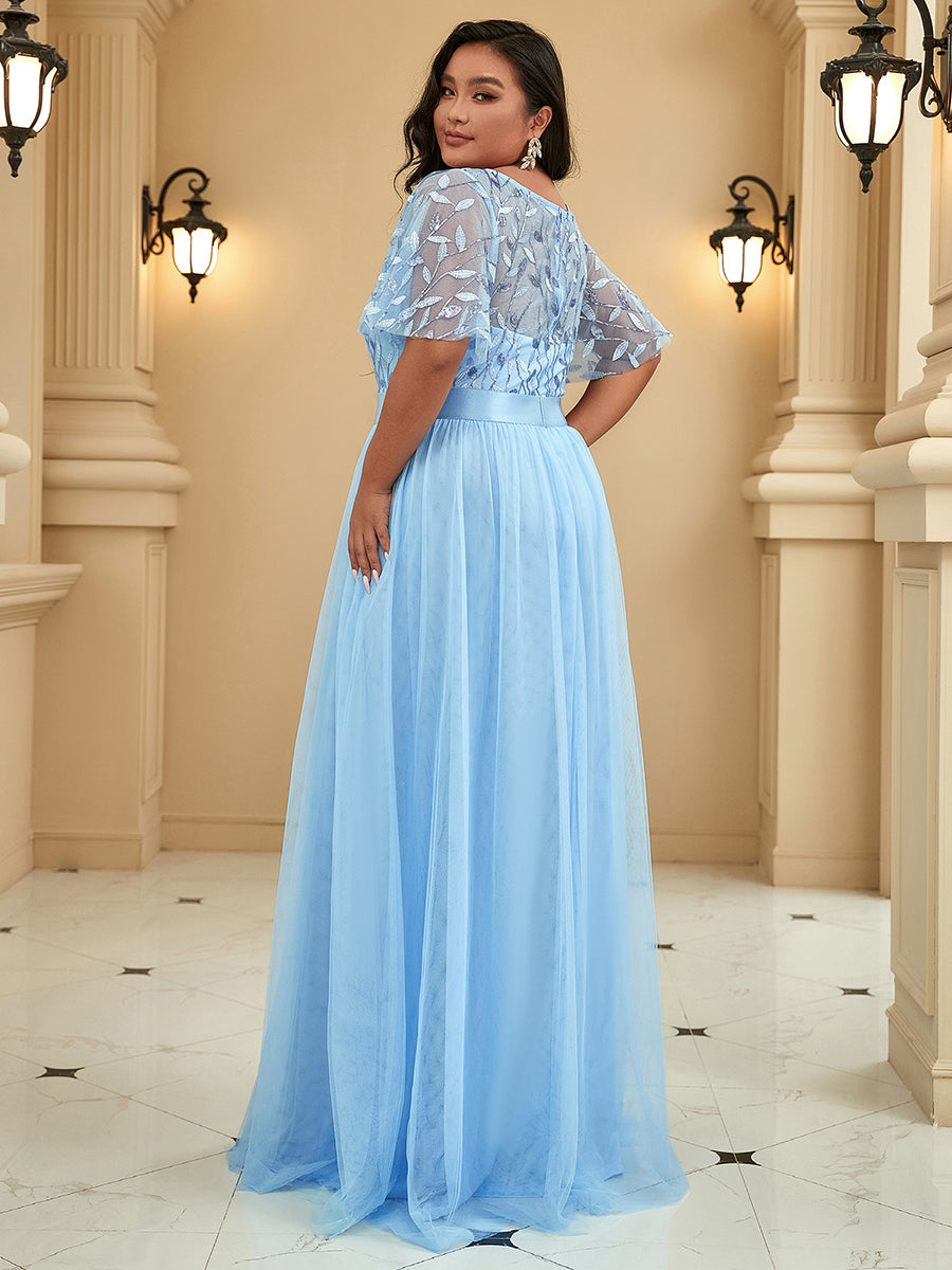 Shimmering Evening Gown with Ruffle Sleeves and Belt Detail