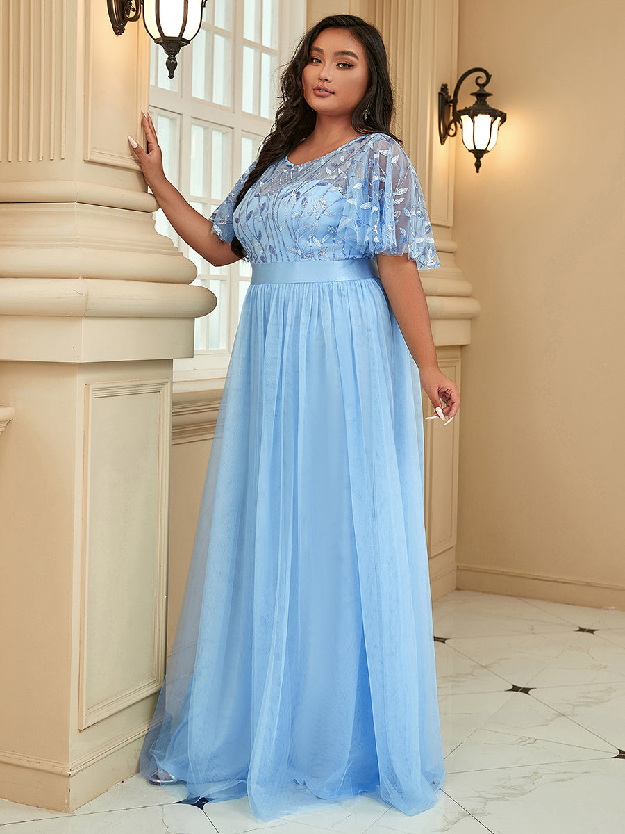 Shimmering Evening Gown with Ruffle Sleeves and Belt Detail