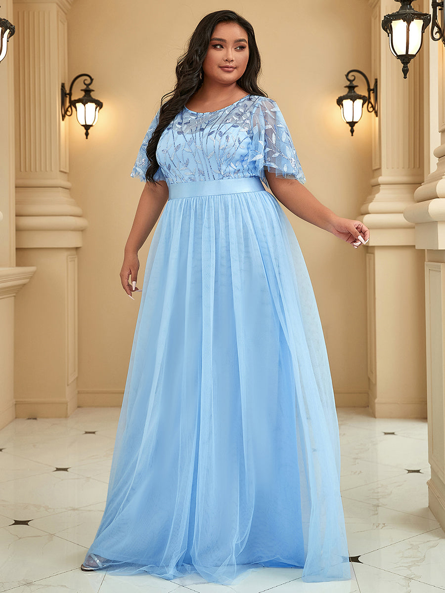 Shimmering Evening Gown with Ruffle Sleeves and Belt Detail