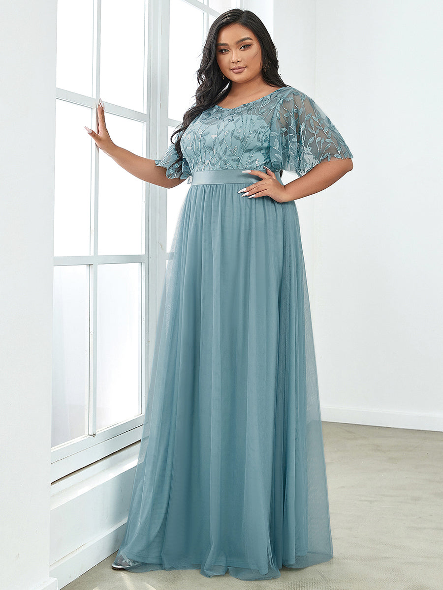 Shimmering Evening Gown with Ruffle Sleeves and Belt Detail