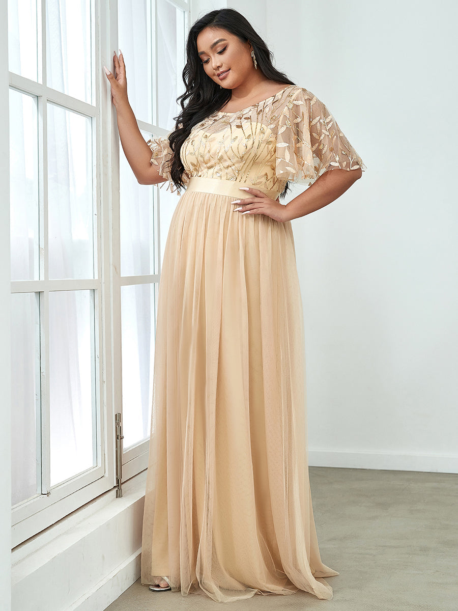 Shimmering Evening Gown with Ruffle Sleeves and Belt Detail