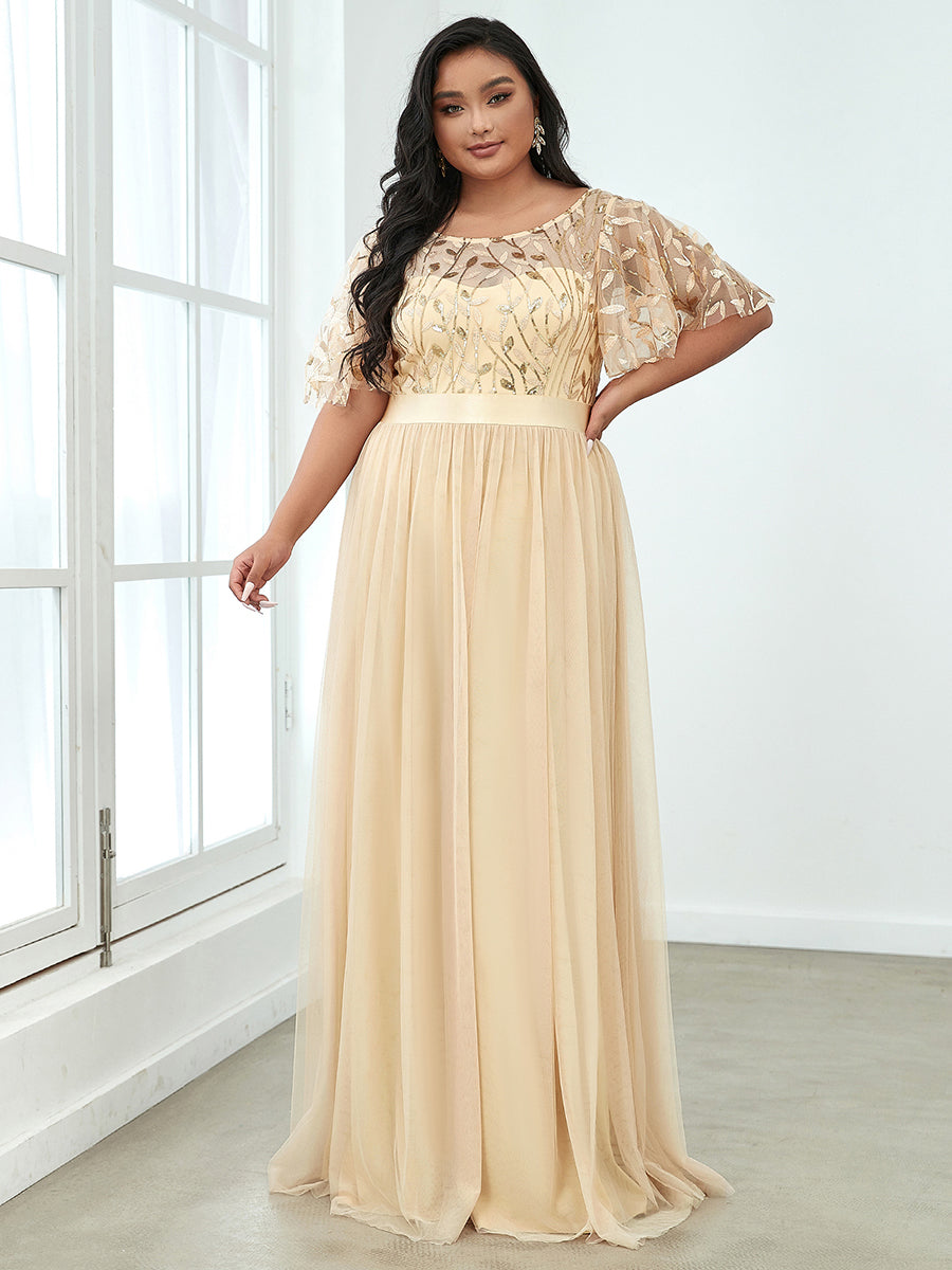 Shimmering Evening Gown with Ruffle Sleeves and Belt Detail