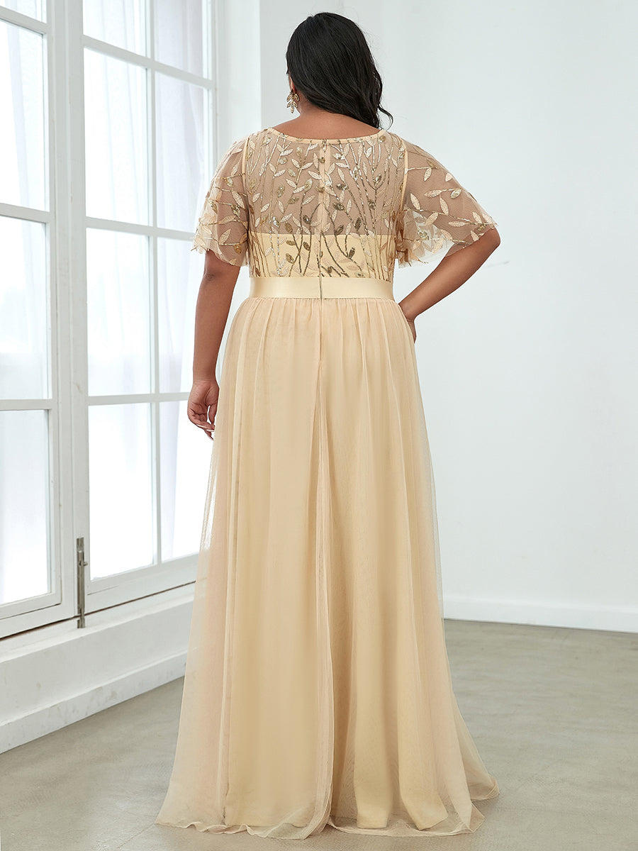 Shimmering Evening Gown with Ruffle Sleeves and Belt Detail