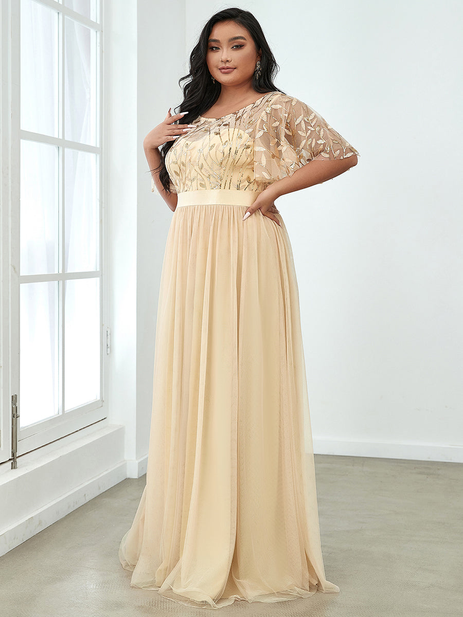 Shimmering Evening Gown with Ruffle Sleeves and Belt Detail
