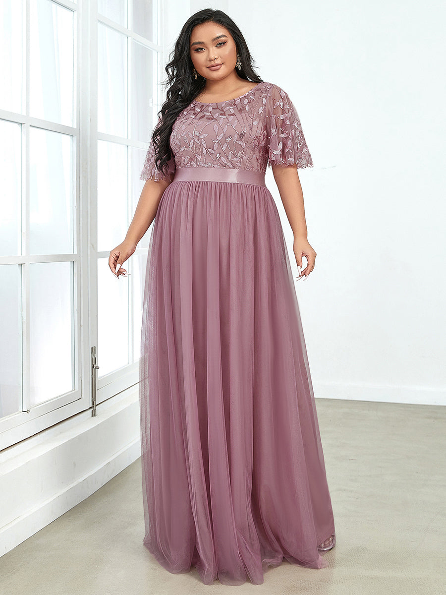 Shimmering Evening Gown with Ruffle Sleeves and Belt Detail