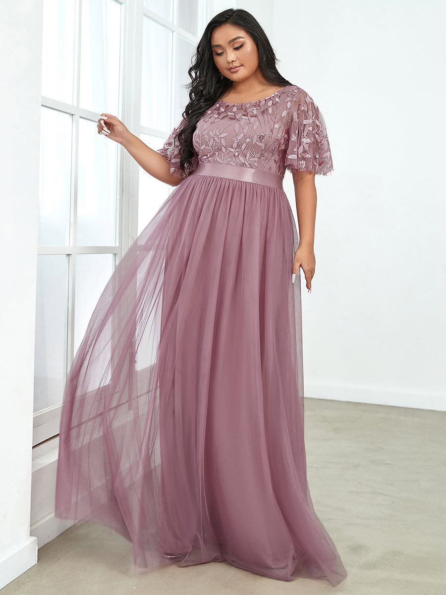 Shimmering Evening Gown with Ruffle Sleeves and Belt Detail