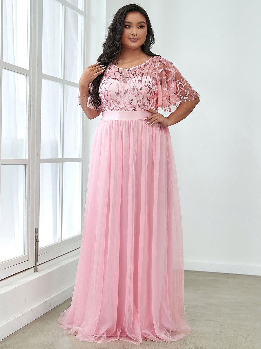 Shimmering Evening Gown with Ruffle Sleeves and Belt Detail