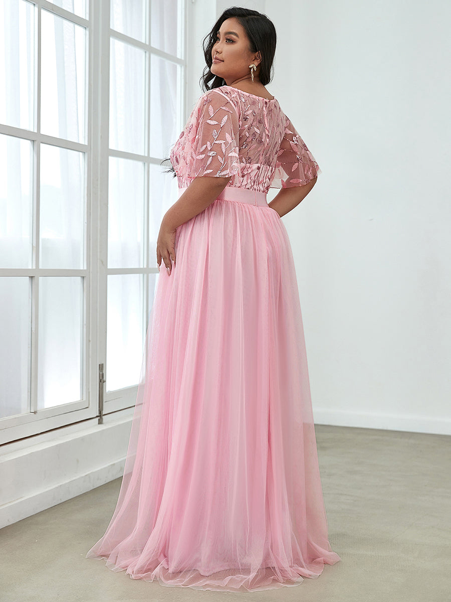 Shimmering Evening Gown with Ruffle Sleeves and Belt Detail
