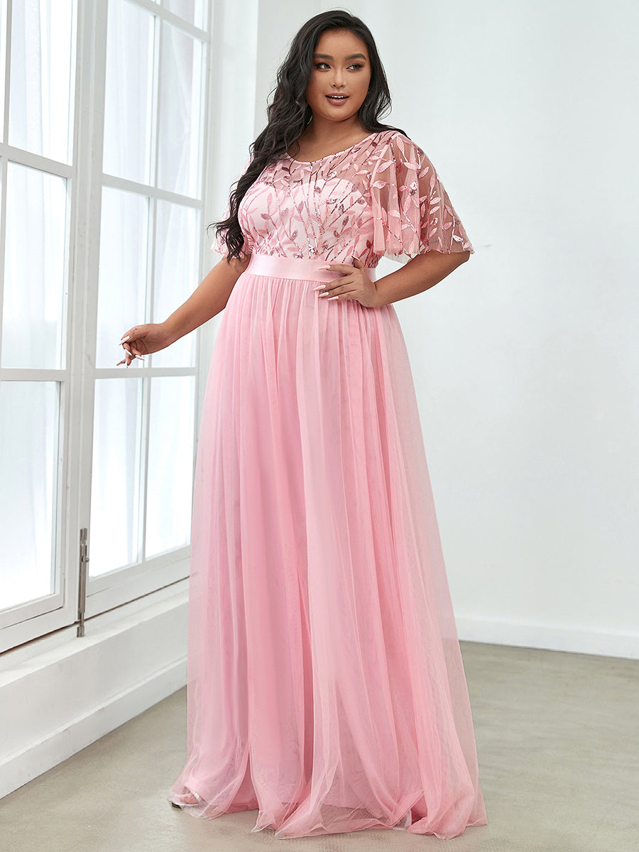 Shimmering Evening Gown with Ruffle Sleeves and Belt Detail