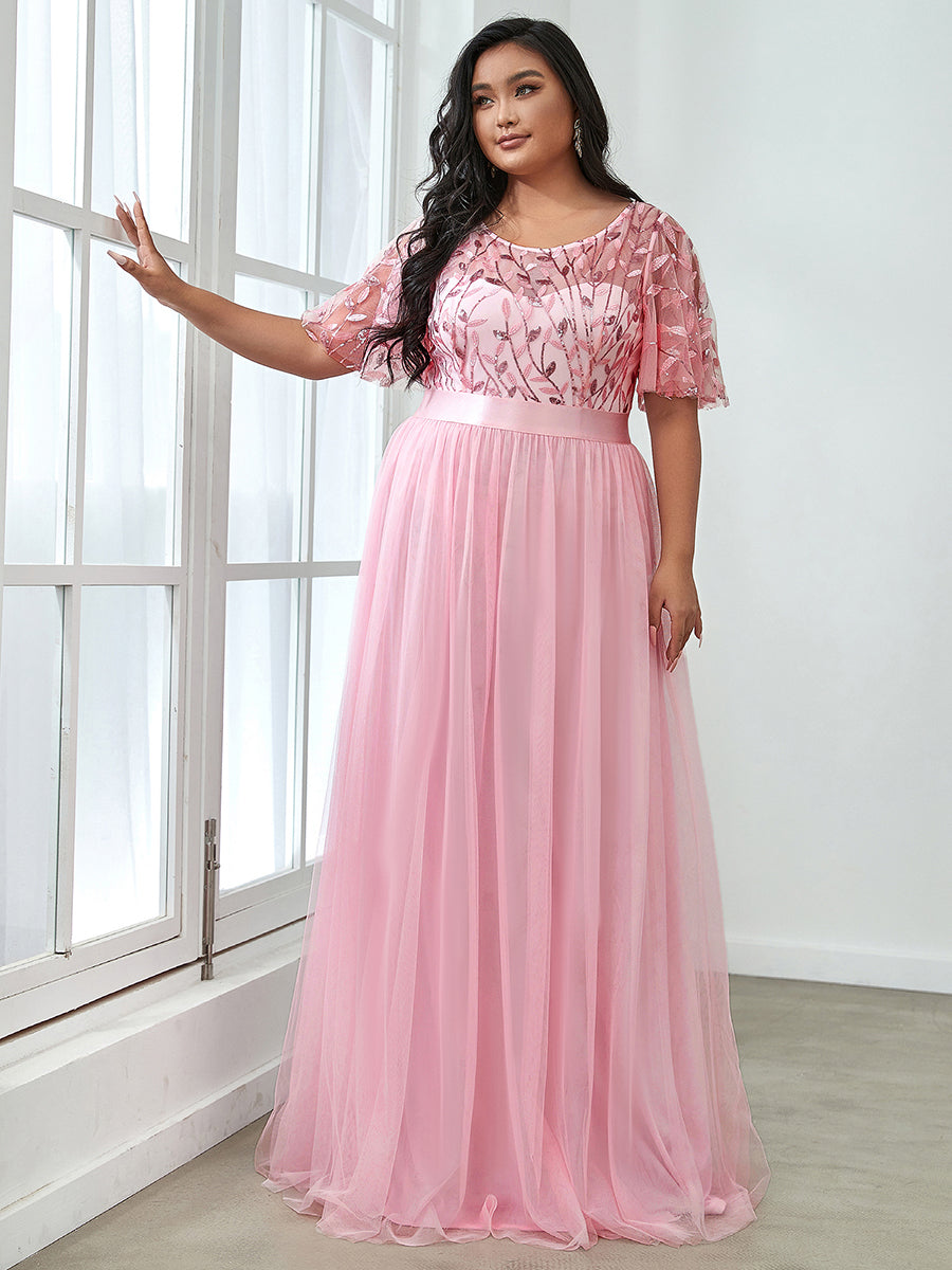 Shimmering Evening Gown with Ruffle Sleeves and Belt Detail