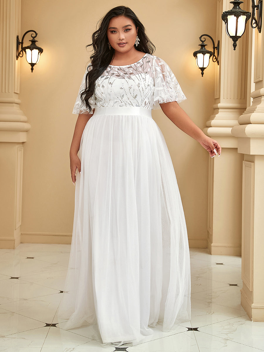 Shimmering Evening Gown with Ruffle Sleeves and Belt Detail