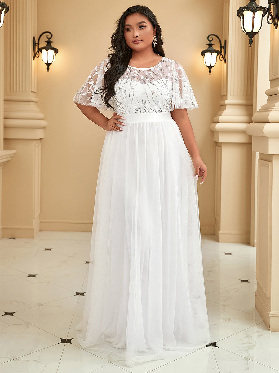 Shimmering Evening Gown with Ruffle Sleeves and Belt Detail