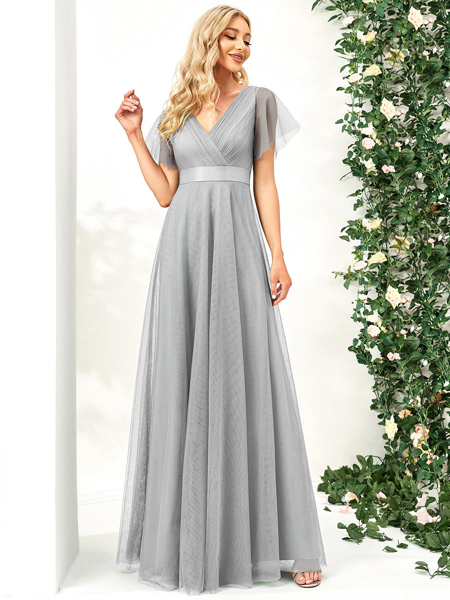 A-Line Floor-Length Women's Bridesmaid Dress with V-Neck and Flutter Sleeves