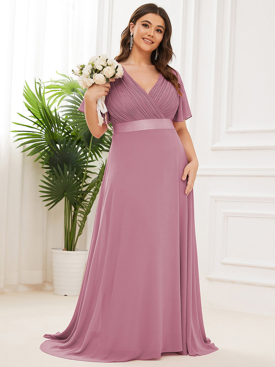 Ruffled Empire Waist Plus Size Evening Gown with V-Neck and Flutter Sleeves