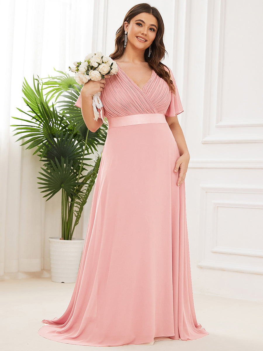 Ruffled Empire Waist Plus Size Evening Gown with V-Neck and Flutter Sleeves