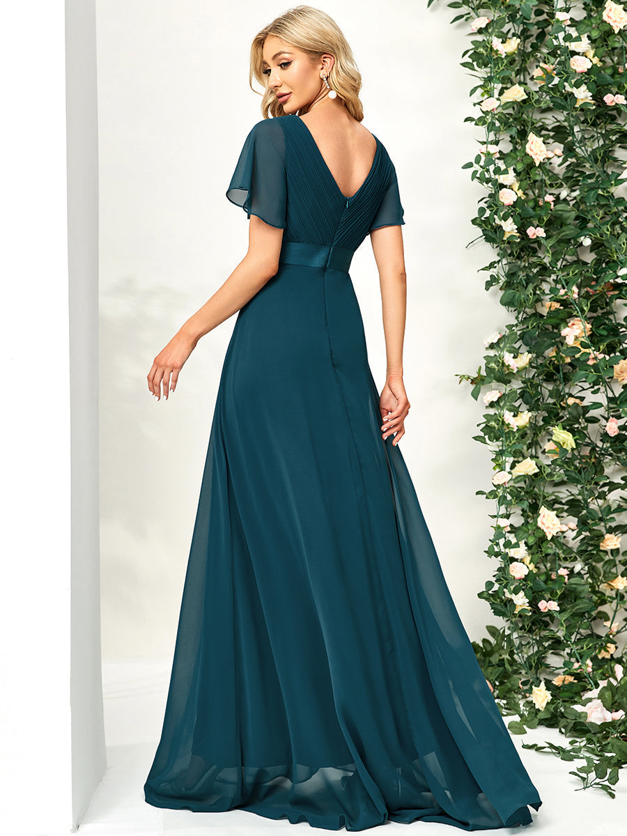 Elegant Chiffon Evening Dress with Double V-Neck and Ruffles