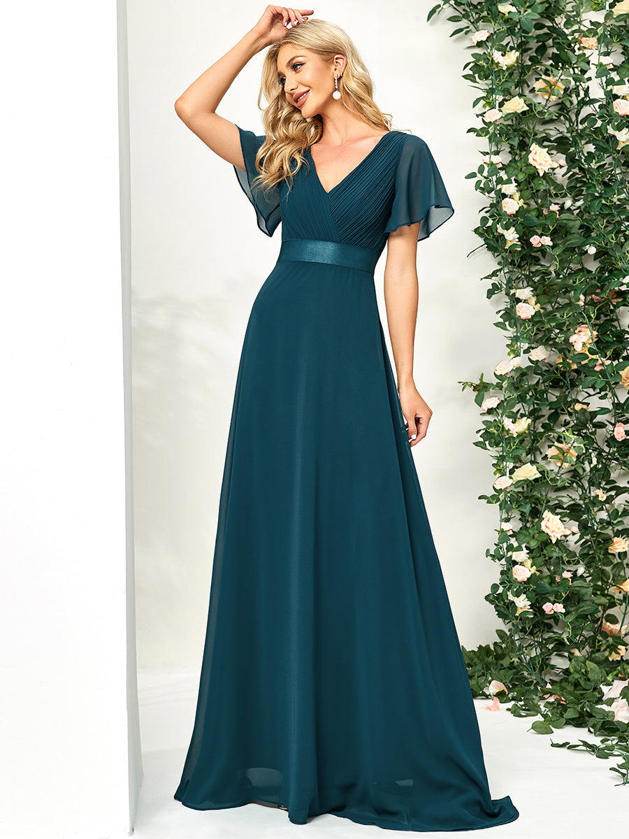 Elegant Chiffon Evening Dress with Double V-Neck and Ruffles