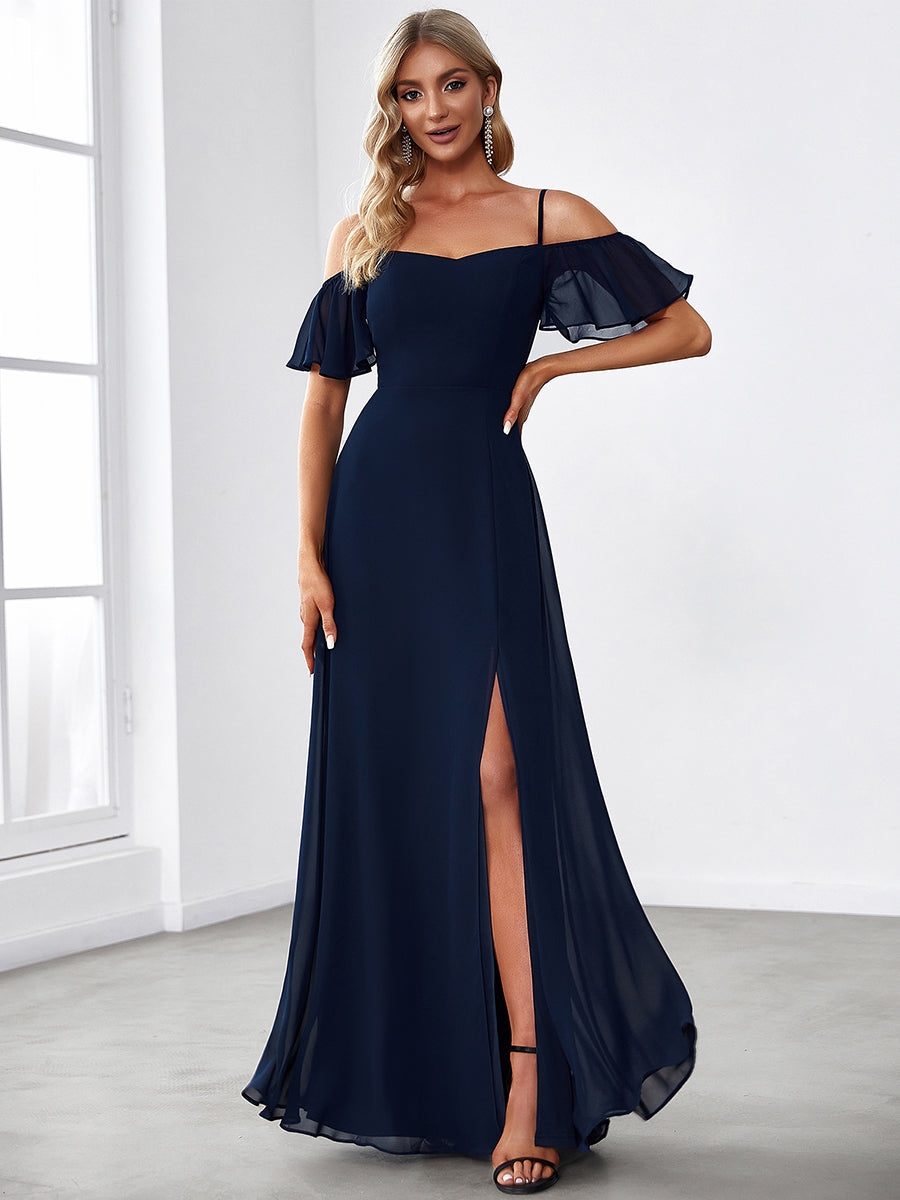 Flattering A-Line Deep V Neck Bridesmaid Gown with Stylish Flare Sleeves