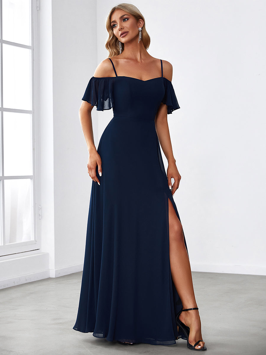 Flattering A-Line Deep V Neck Bridesmaid Gown with Stylish Flare Sleeves