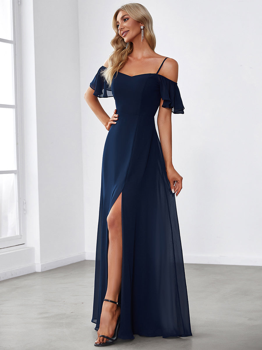 Flattering A-Line Deep V Neck Bridesmaid Gown with Stylish Flare Sleeves