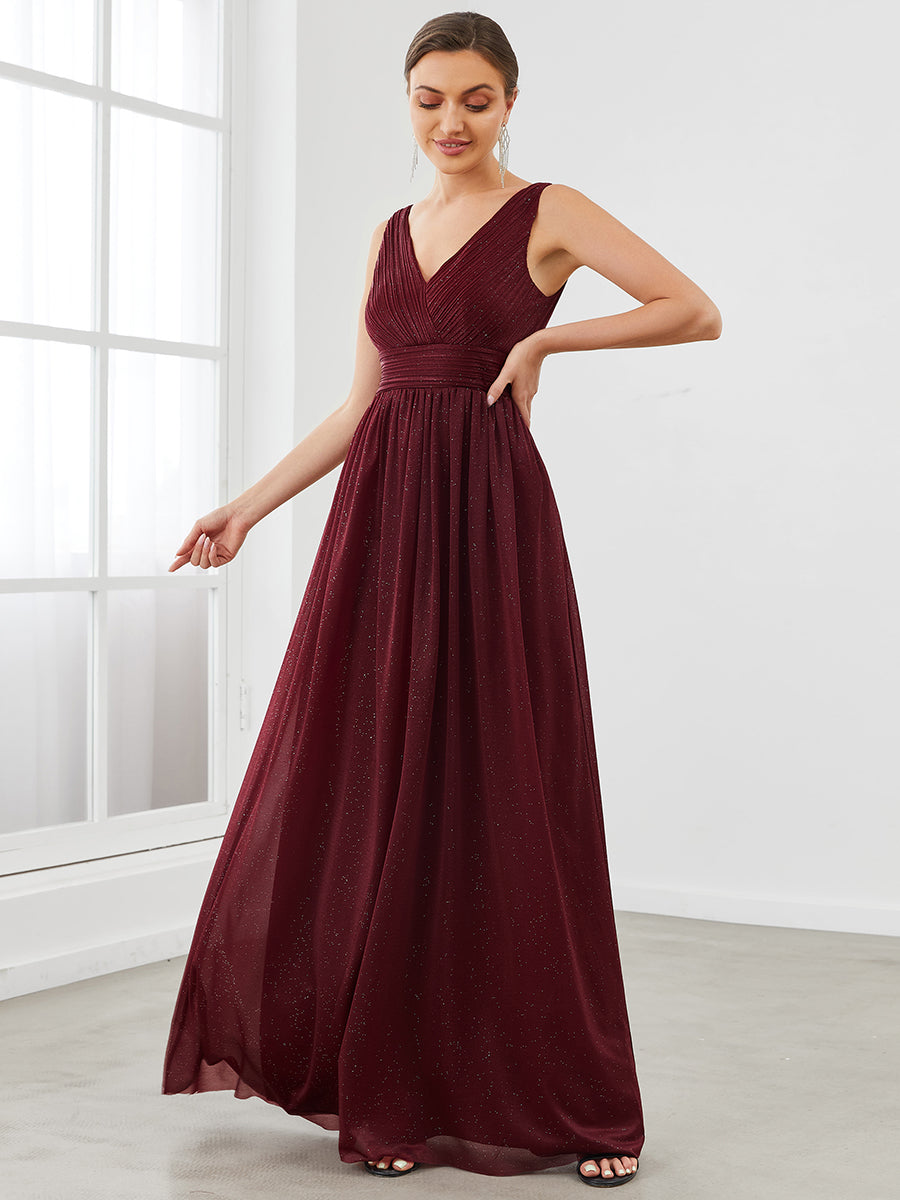 Sparkling Floor Length Evening Gown with Double V-Neck for Special Occasions