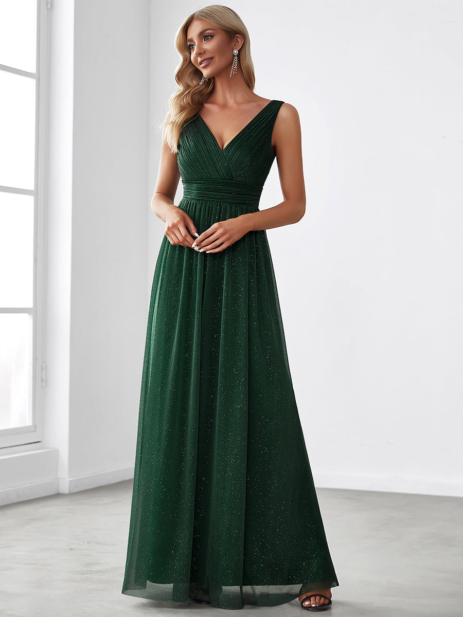 Sparkling Floor Length Evening Gown with Double V-Neck for Special Occasions