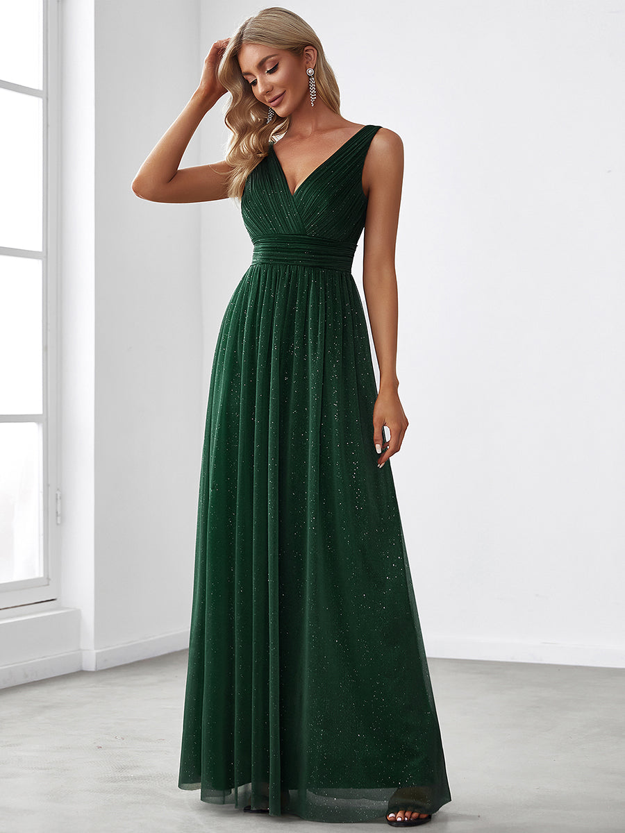Sparkling Floor Length Evening Gown with Double V-Neck for Special Occasions